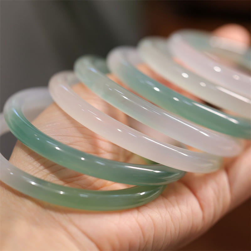 Wear FengShui Natural White And Green Chalcedony Agate Positive Cuff Bracelet Bangle