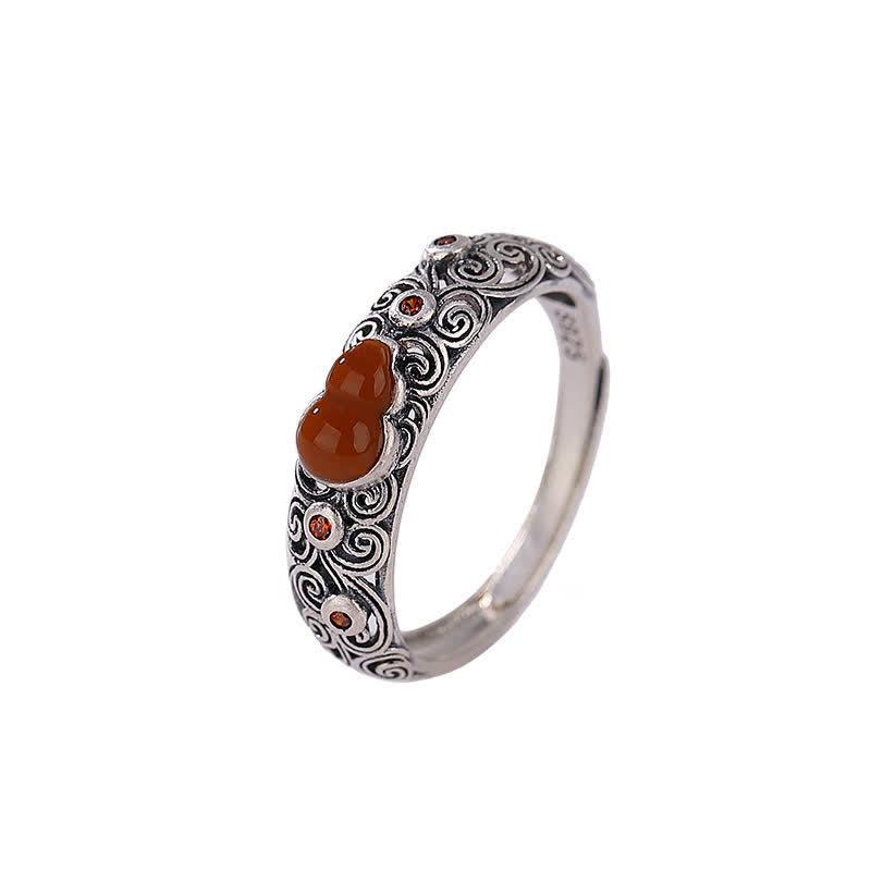 Wear FengShui 925 Sterling Silver Red Agate Cyan Jade Gourd Blessing Auspicious Ring
