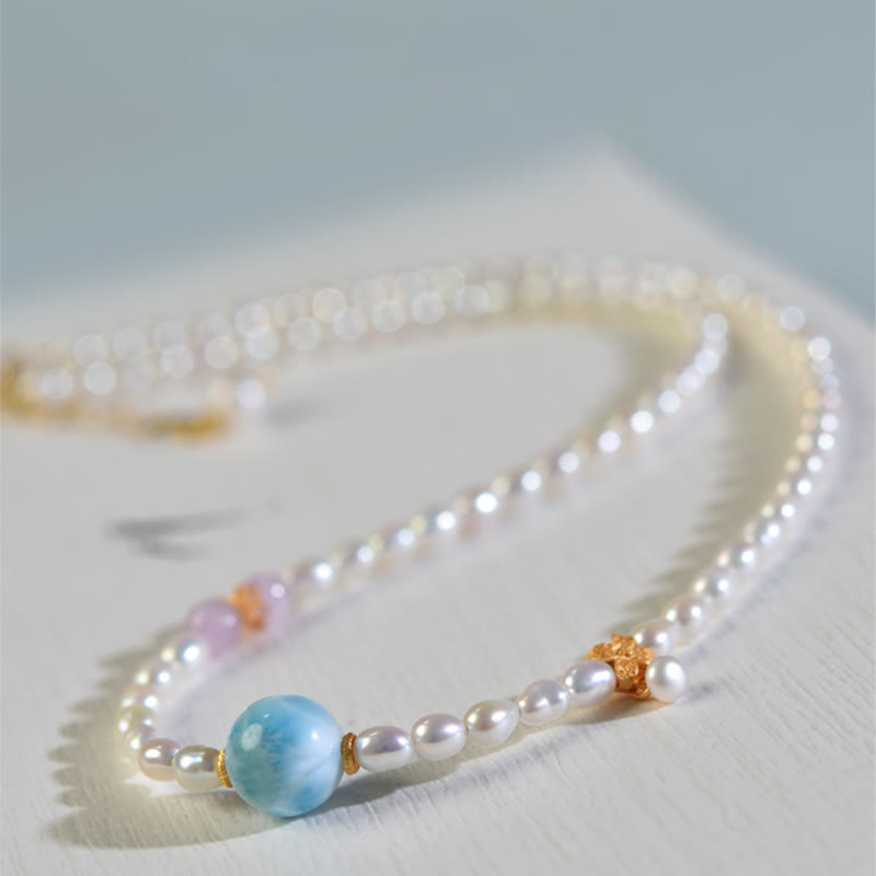 Wear FengShui 925 Sterling Silver Natural Pearl Larimar Sincerity Necklace Pendant