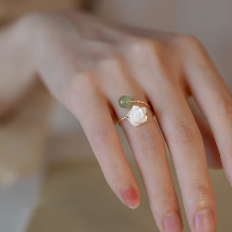 Wear FengShui 14K Gold Plated Tridacna Stone Rose Flower Jade Bead Blessing Ring