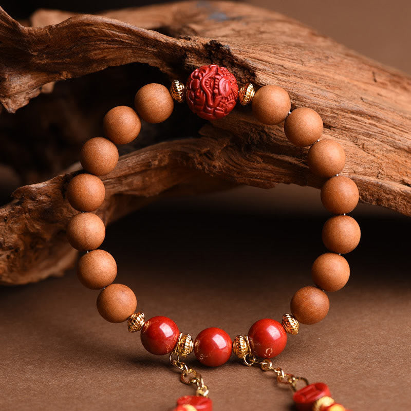 Wear FengShui Tibetan Natural Peach Wood Cinnabar PiXiu Wealth Tassels Bracelet