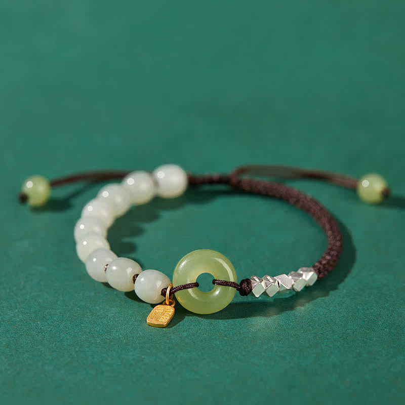 Wear FengShui 925 Sterling Silver Hetian Jade Peace Buckle Beaded Luck Happiness Charm Bracelet