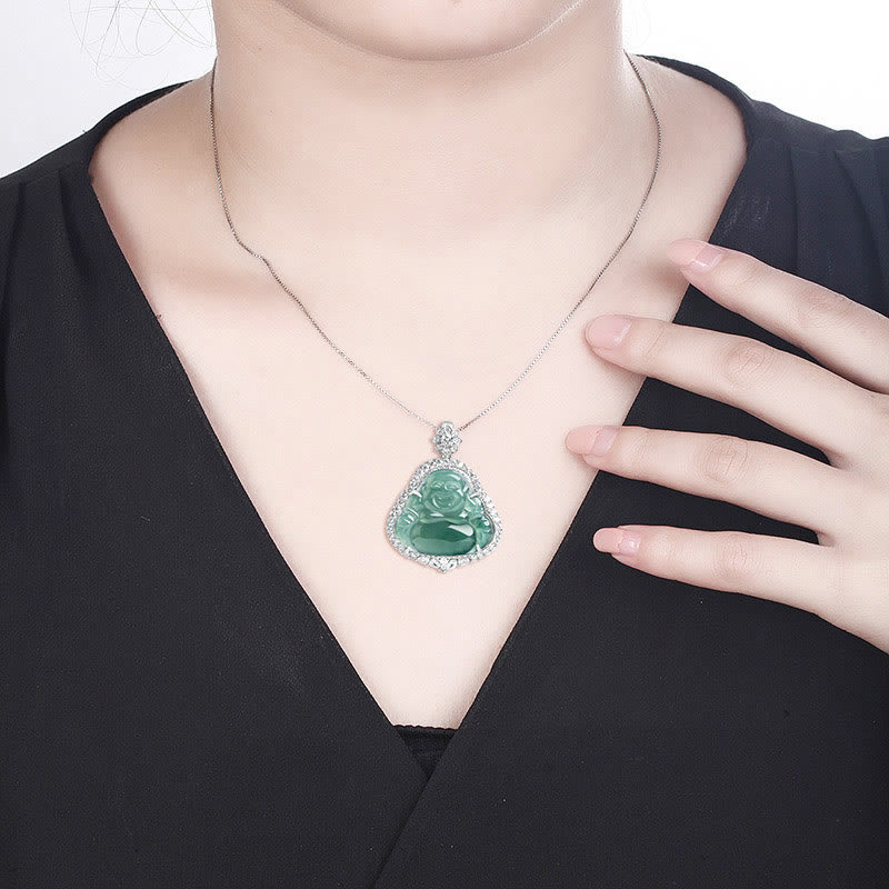 Wear FengShui Laughing Buddha Natural Jade Luck Abundance Titanium Steel Chain Necklace Pendant