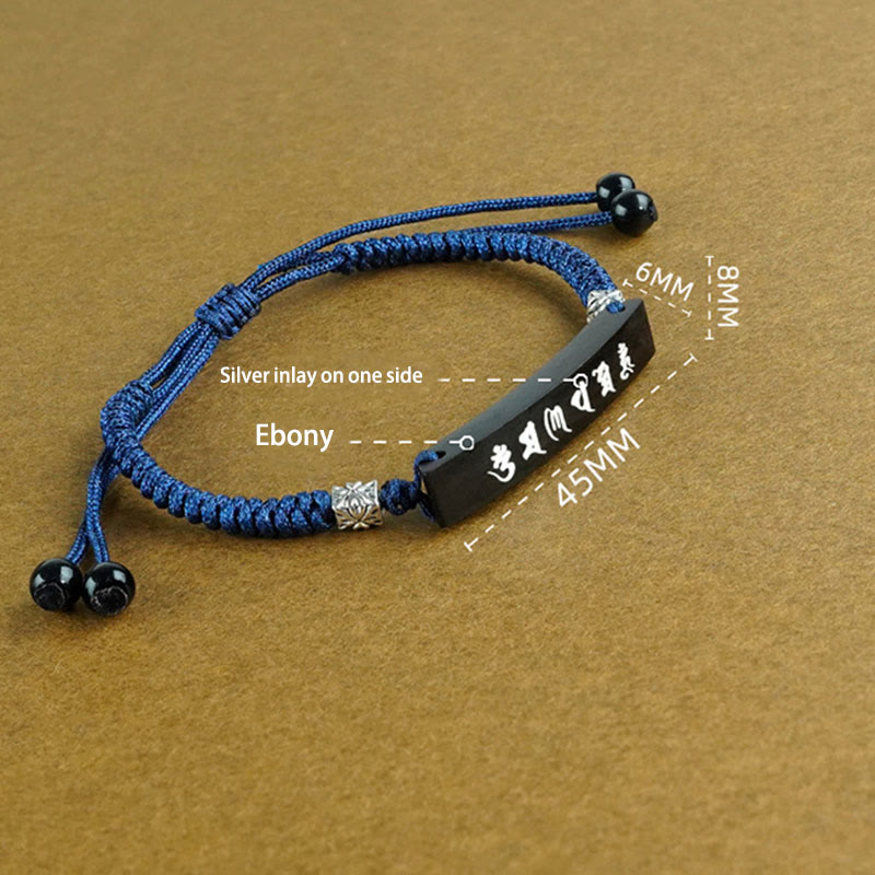Wear FengShui Buddhism Six True Words Wood Ebony Wood Silver Inlaid Protection Bracelet