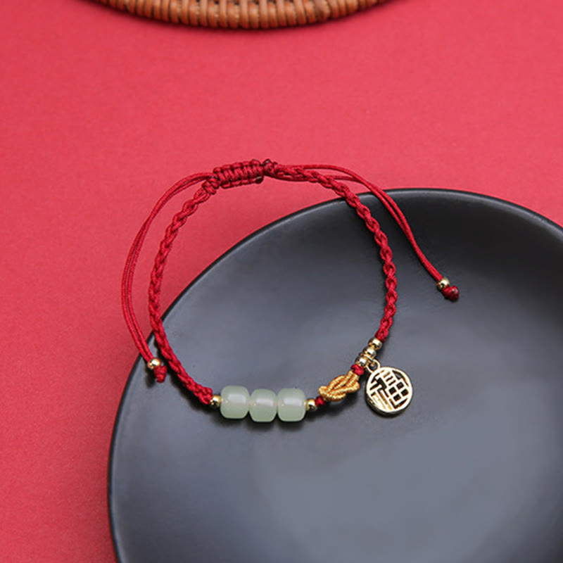 Wear FengShui Handcrafted Jade Bead Fu Character Charm Luck Red Rope Bracelet