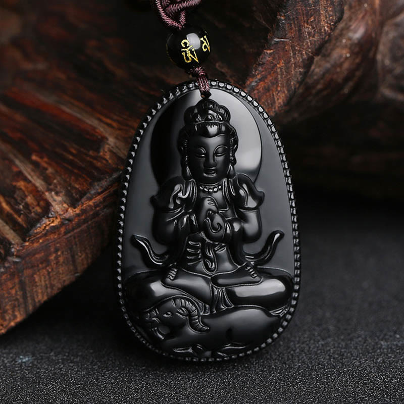 Wear FengShui Chinese Zodiac Natal Buddha Natural Black Obsidian Purification Necklace Pendant