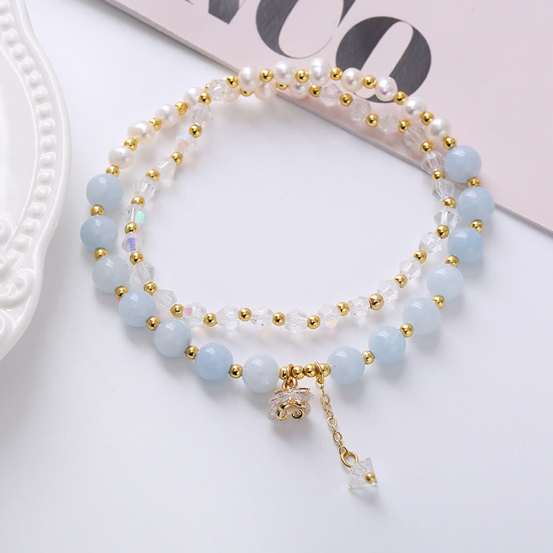 Wear FengShui Natural Amethyst Aquamarine Strawberry Quartz Pearl Peace Healing Double Wrap Bracelet