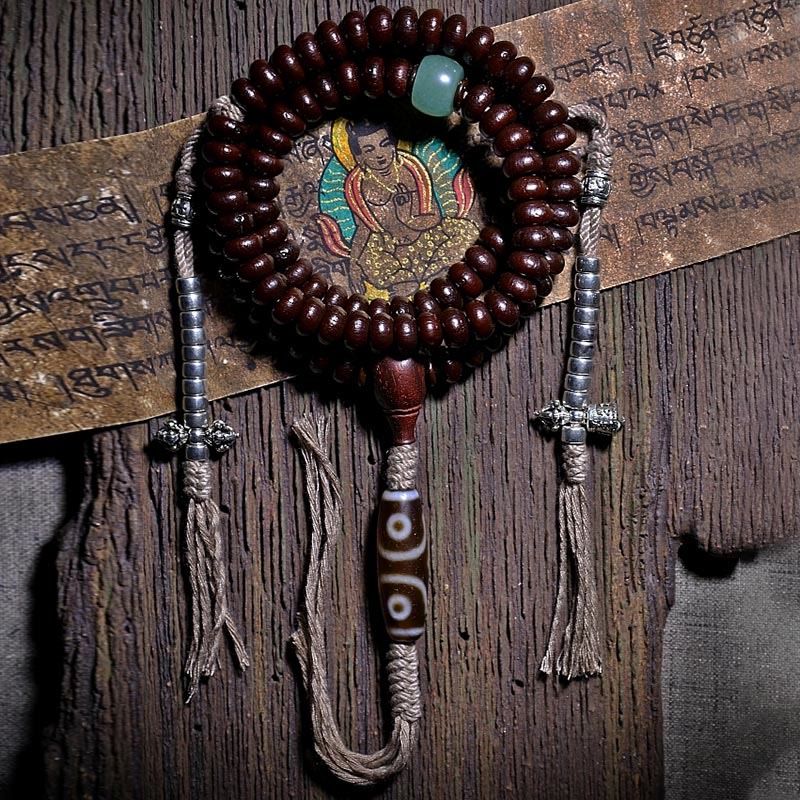 Wear FengShui Natural Tibet 108 Mala Beads Purple Bodhi Seed Three-eyed Dzi Bead Copper Dorje Harmony Bracelet