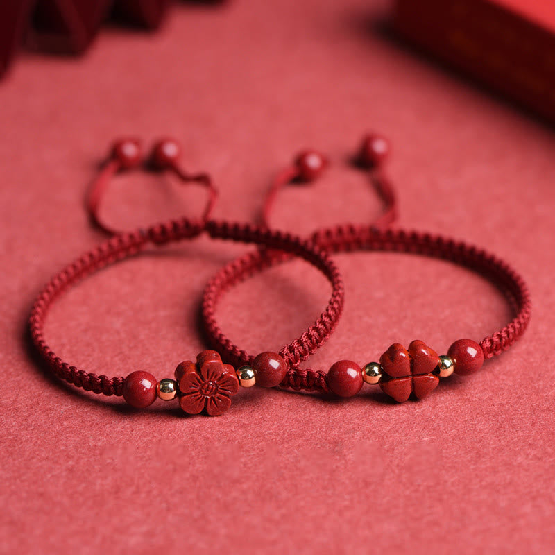 Wear FengShui Four Leaf Clover Five-petal Flower Cinnabar Blessing Red String Bracelet