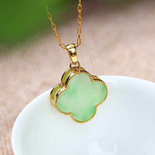 Wear FengShui Four Leaf Clover Jade Pattern Luck Necklace Pendant