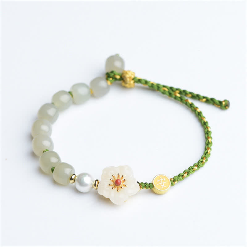 Wear FengShui 925 Sterling Silver Natural Hetian Jade Peach Blossom Luck Bracelet
