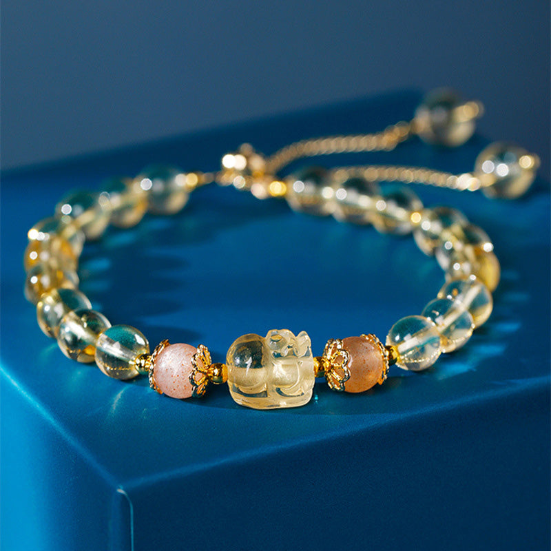 Wear FengShui Aquamarine Strawberry Quartz Amethyst Moonstone PiXiu Healing Bracelet