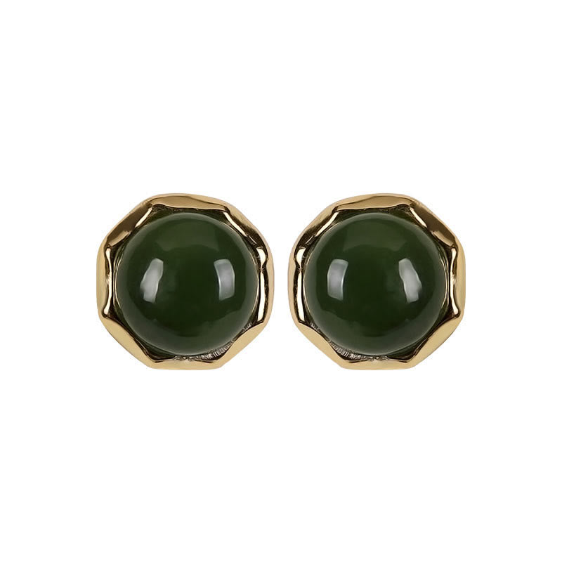 Wear FengShui 925 Sterling Silver Plated Gold Natural Hetian Cyan Jade Bead Luck Stud Earrings