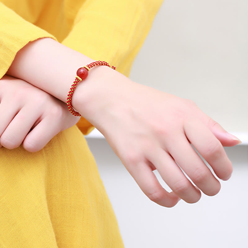 Wear FengShui Handmade Red Agate Amethyst Golden Rutilated Quartz Pink Crystal Bead Calm Braided Bracelet