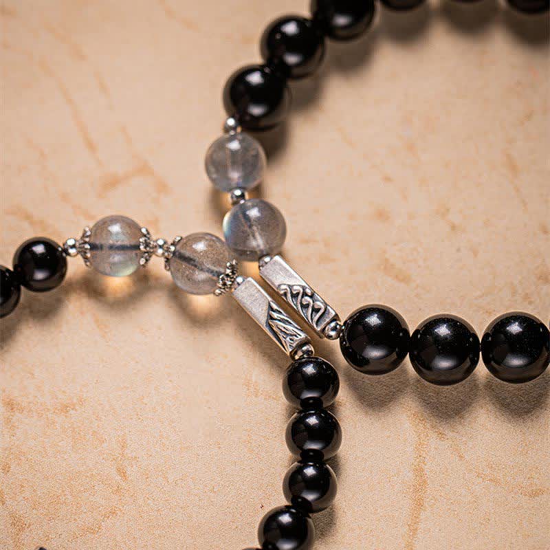 Wear FengShui 925 Sterling Silver Obsidian Moonstone Strength Couple Bracelet