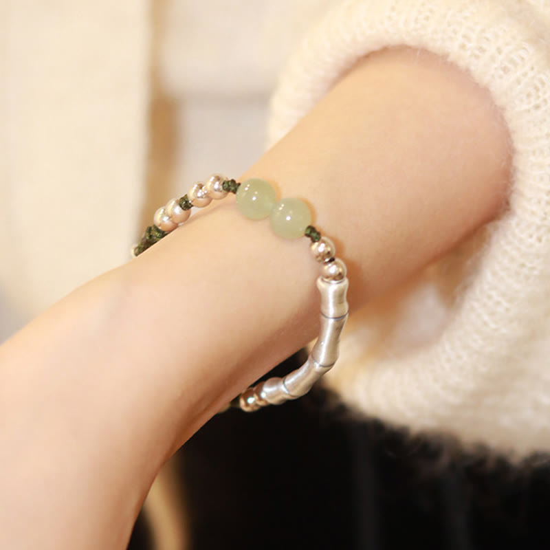 Wear FengShui 925 Sterling Silver Natural Jade Fu Character Bamboo Abundance Bracelet