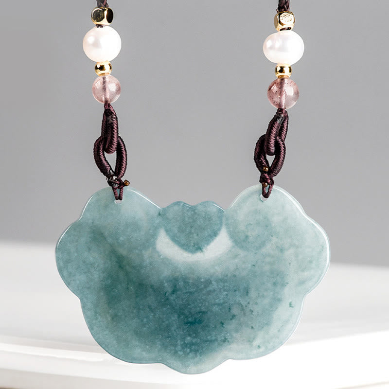 Wear FengShui Natural Jade Peony Flower Lock of Good Wishes Prosperity Necklace Pendant