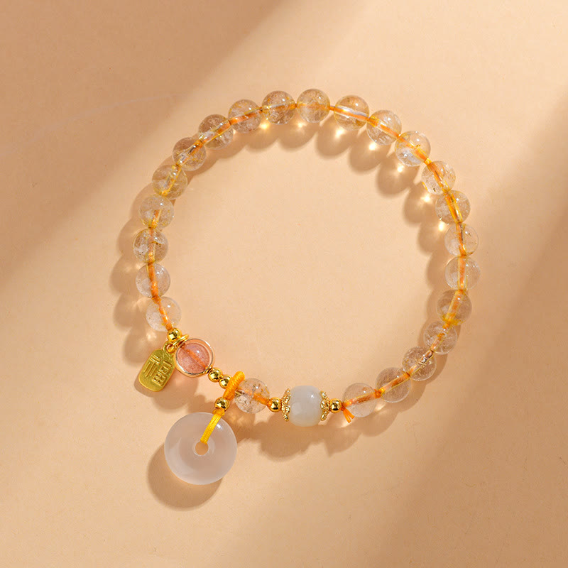 Wear FengShui Natural Golden Rutilated Quartz Fu Character Peace Buckle Charm Wealth Bracelet