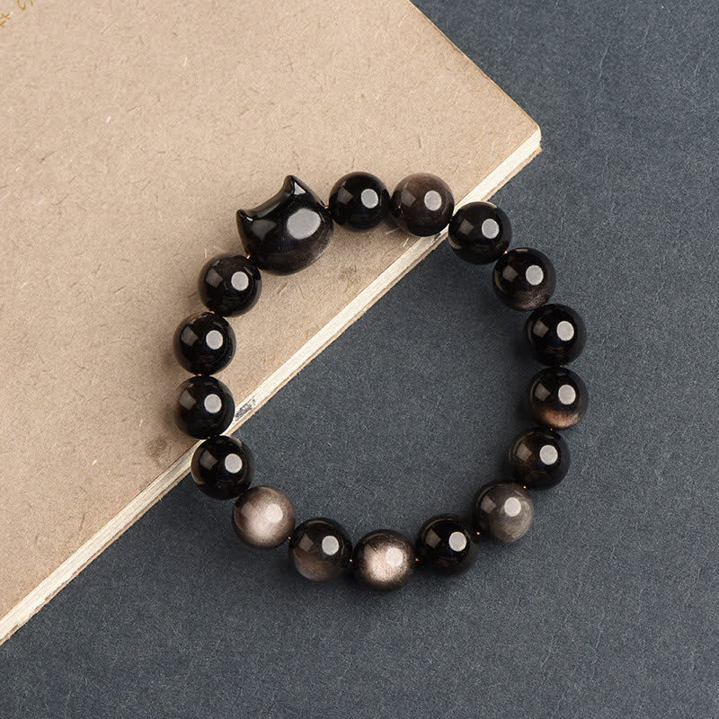 Wear FengShui Gold Sheen Obsidian Silver Sheen Obsidian Lovely Paw Lucky Cat Protection Bracelet