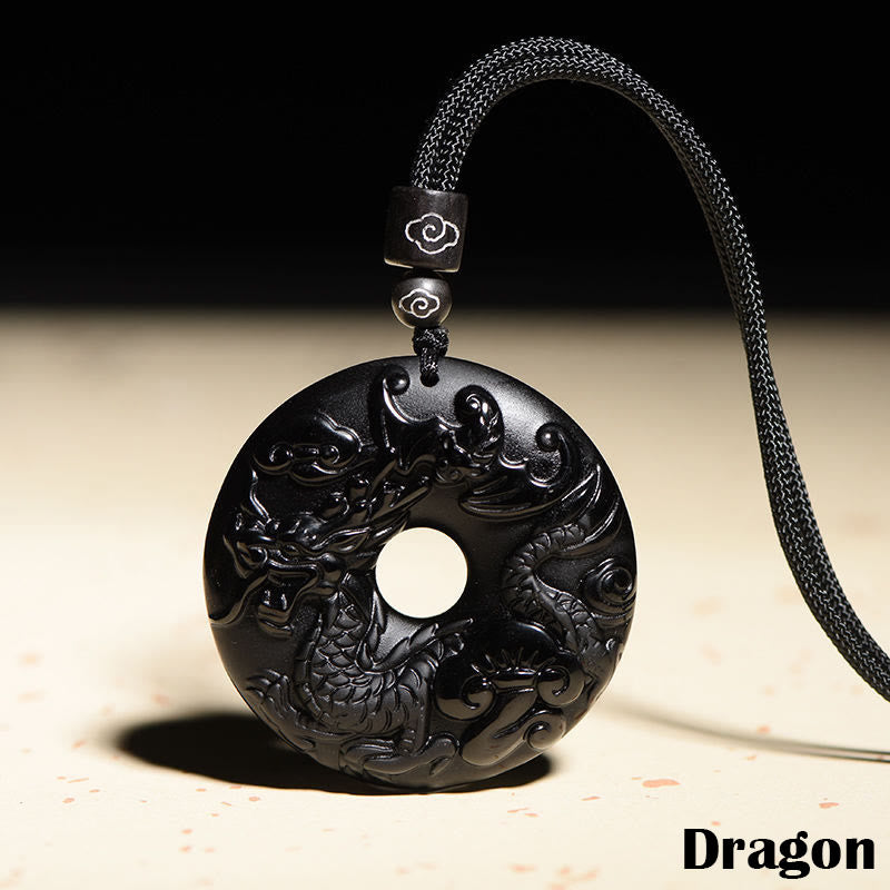 Wear FengShui Chinese Zodiac Natural Black Obsidian Peace Buckle Strength Necklace Pendant