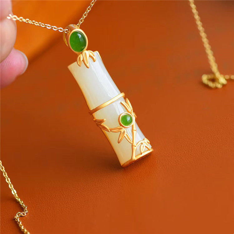 Wear FengShui White Jade Cyan Jade Bamboo Protection Necklace Pendant