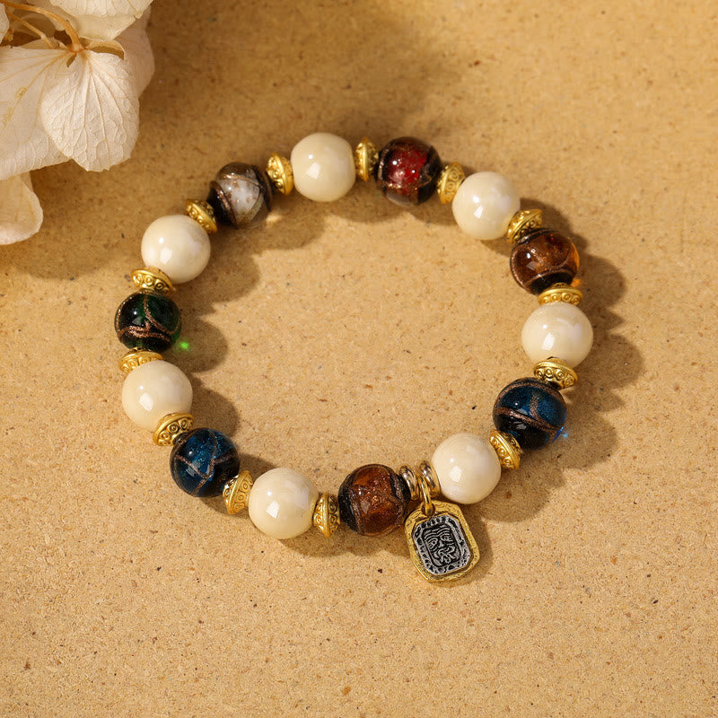 Wear FengShui Tibetan Zakiram Goddess of Wealth Charm Liuli Glass Incense Ash Porcelain Bead Protection Bracelet
