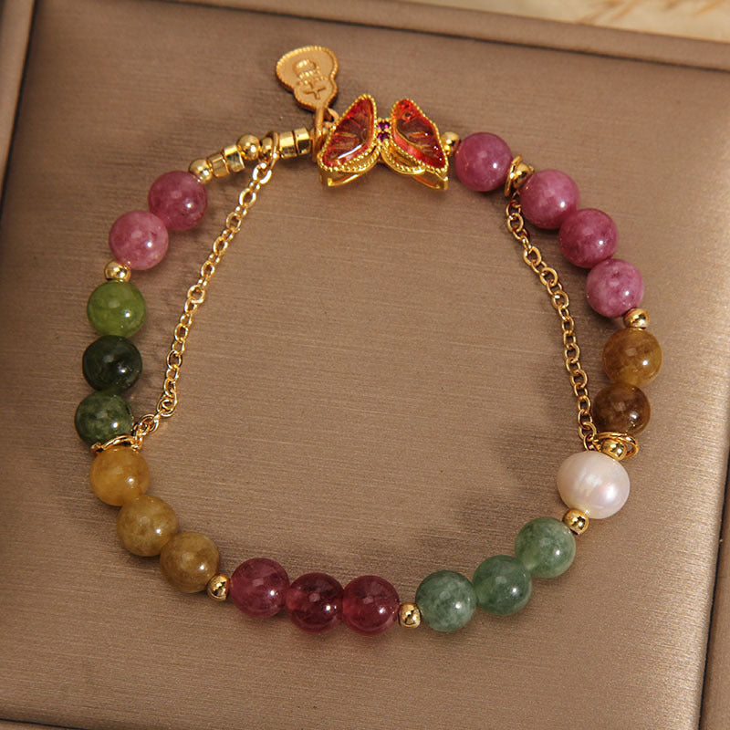 Wear FengShui Natural Colorful Tourmaline Butterfly Auspicious Character Gourd Charm Positive Bracelet