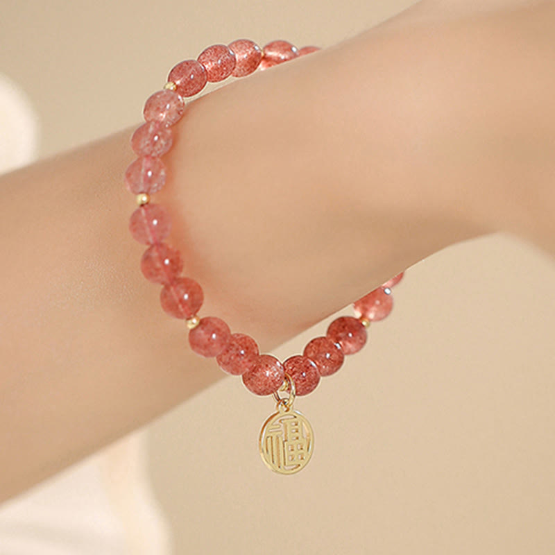 Wear FengShui 14K Gold Plated Strawberry Quartz Fu Character Healing Charm Bracelet