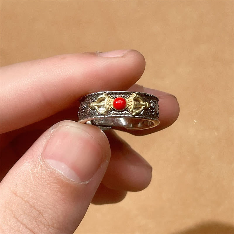 Wear FengShui Tibetan Om Mani Padme Hum Red Agate Dorje Vajra Design Wisdom Ring