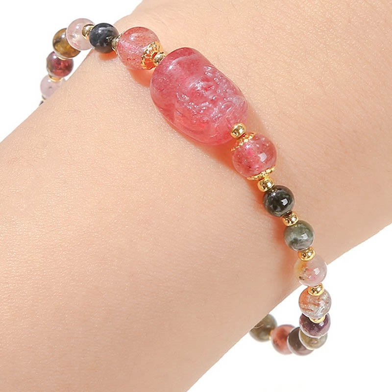 Wear FengShui Moonstone Strawberry Quartz Tourmaline PiXiu Healing Bracelet