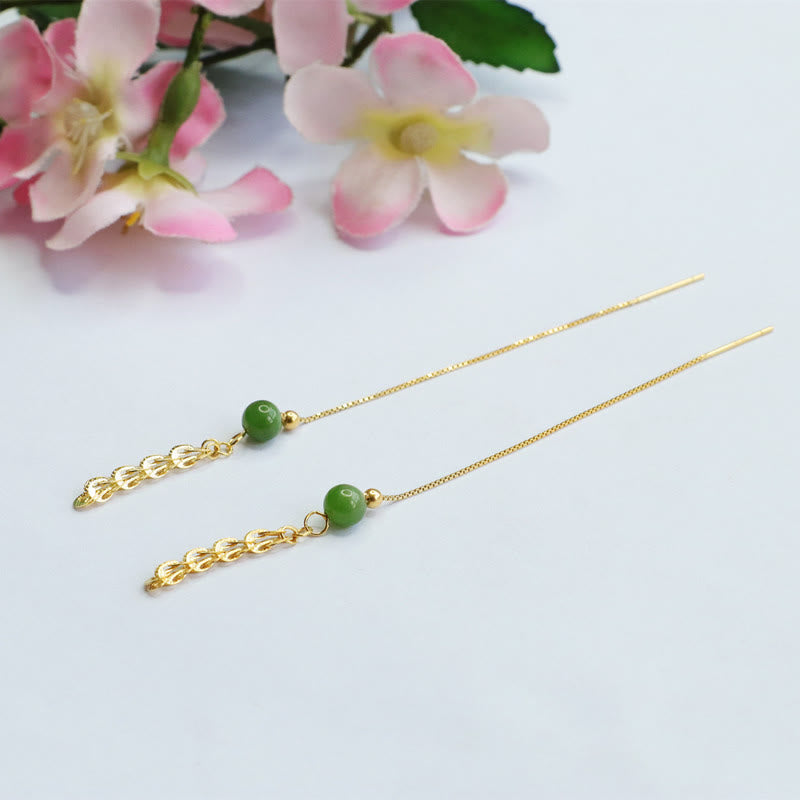 Wear FengShui 925 Sterling Silver Natural Hetian Cyan Jade Bead Luck Phoenix Tail Drop Earrings