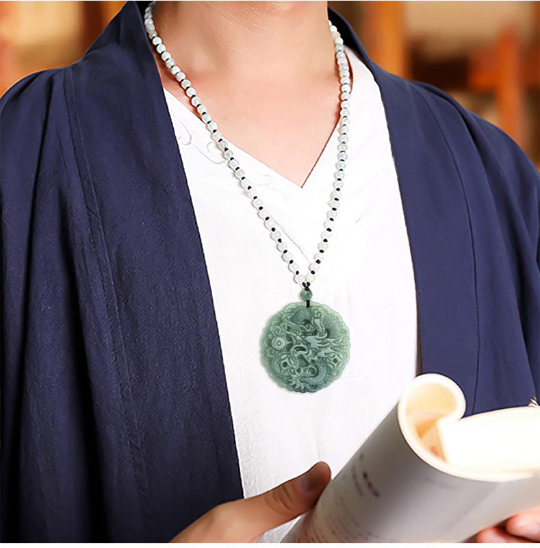 Wear FengShui Chinese Zodiac Dragon Jade Fortune Necklace String Pendant