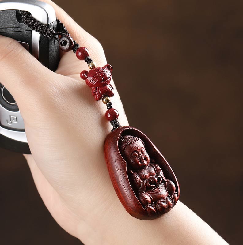 Wear FengShui Small Leaf Red Sandalwood Buddha Cinnabar Chinese Zodiac Amulet Protection Key Chain