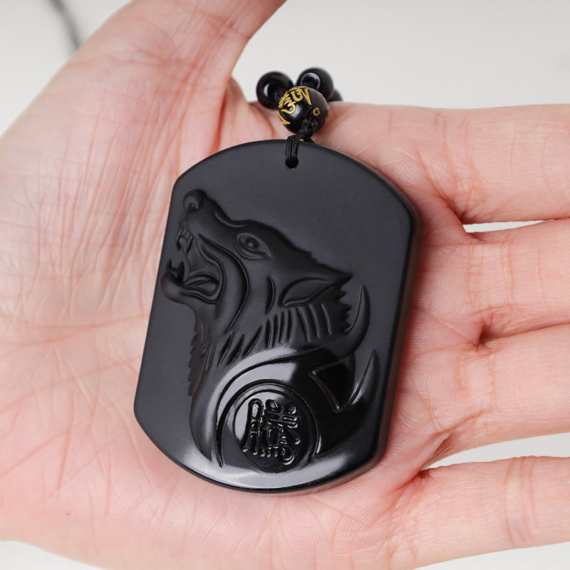 Wear FengShui Black Obsidian Stone Wolf Purification Pendant Necklace