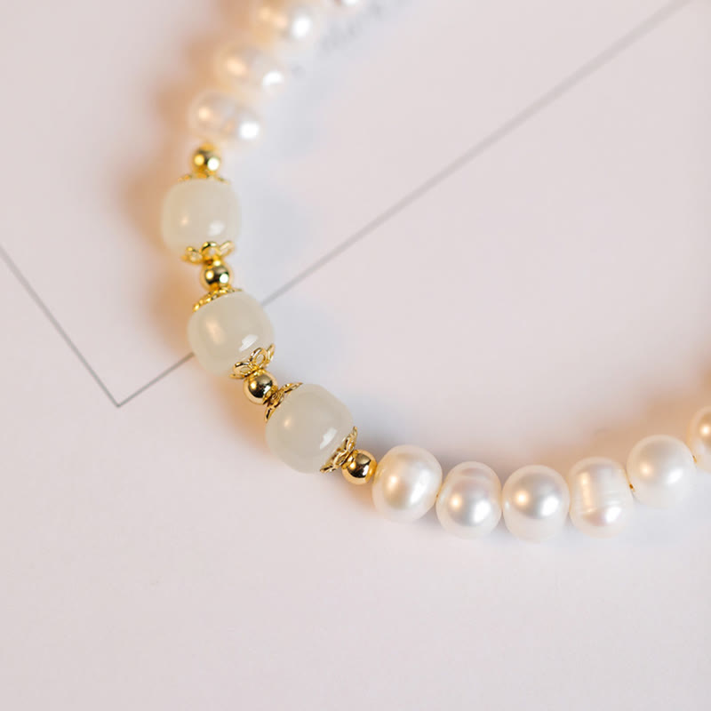 Wear FengShui 14K Gold Plated Natural Pearl Hetian Cyan Jade White Jade Sincerity Bead Chain Bracelet