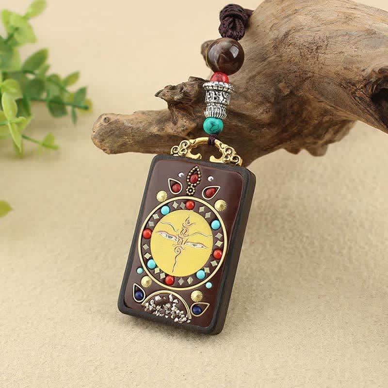 Wear FengShui Tibet God of Wealth Thangka Ebony Peace Necklace Pendant