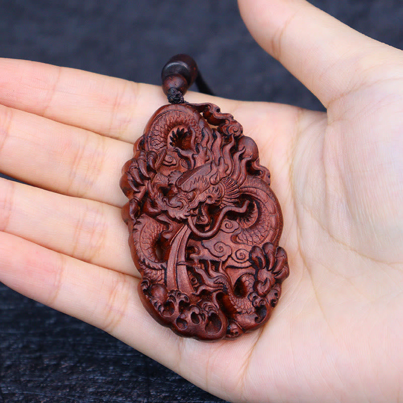Wear FengShui Lightning Struck Jujube Wood Double Dragon Relief Ward Off Evil Spirits Necklace Pendant
