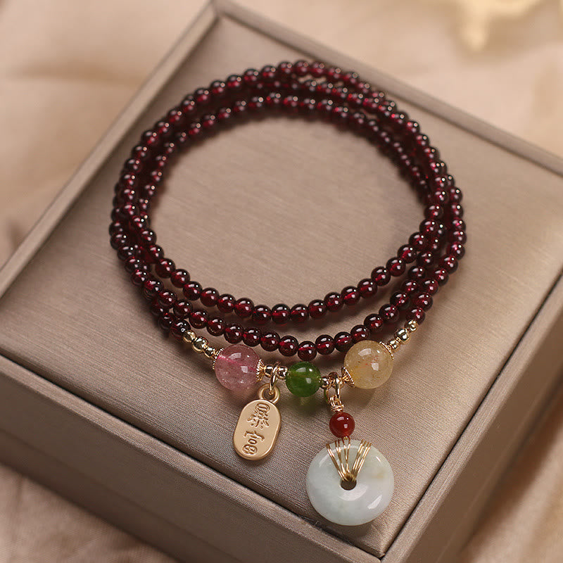 Wear FengShui Natural Garnet Strawberry Quartz Crystal Fox Koi Fish Peace Buckle Fortune Protection Triple Wrap Bracelet