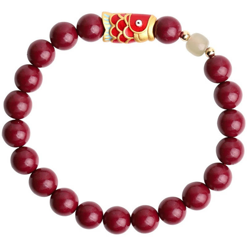 Wear FengShui Natural Cinnabar Lucky Koi Fish Hetian Jade Bead Blessing Bracelet