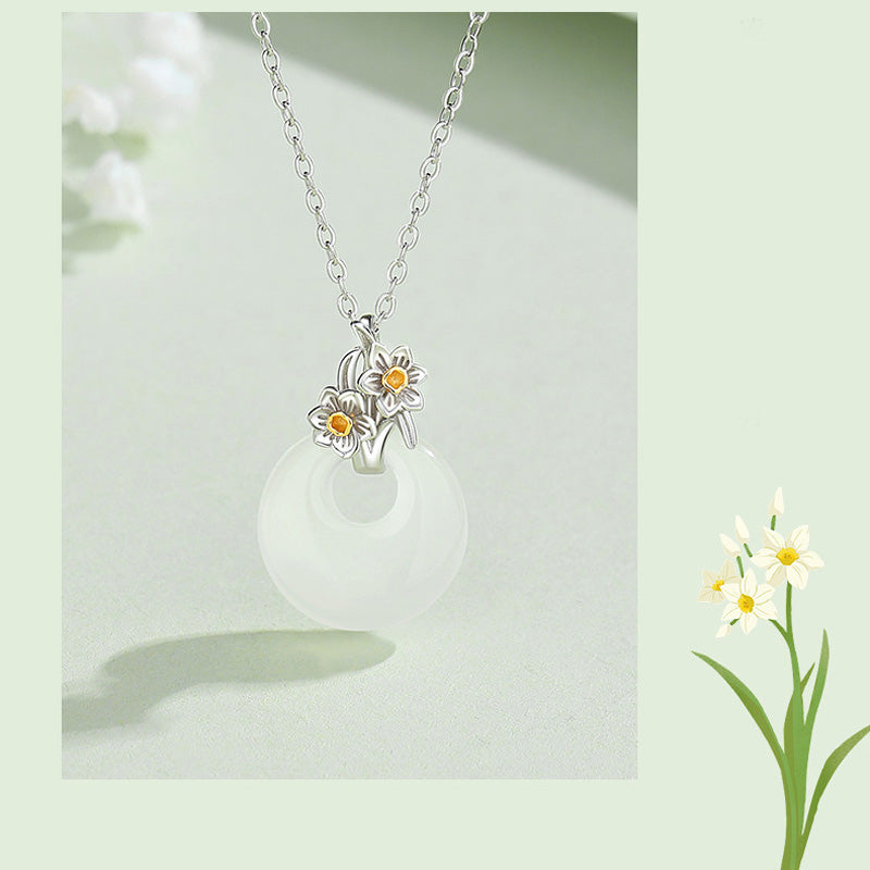 Wear FengShui 925 Sterling Silver Round Chalcedony Twelve Months Flower Harmony Necklace Pendant