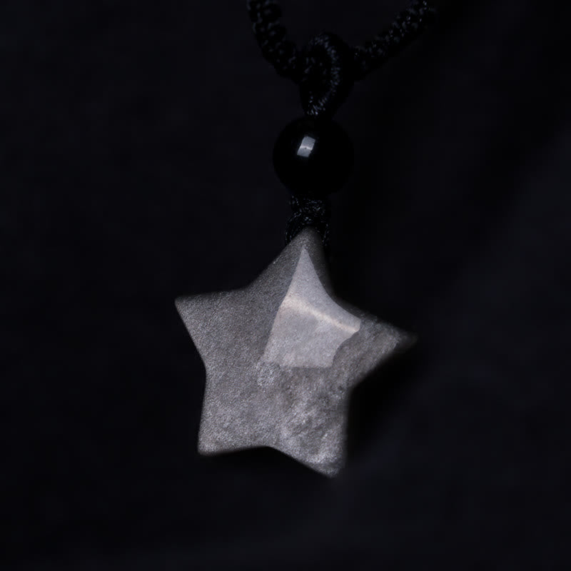 Wear FengShui Natural Silver Sheen Obsidian Star Crescent Moon Protection Necklace Pendant