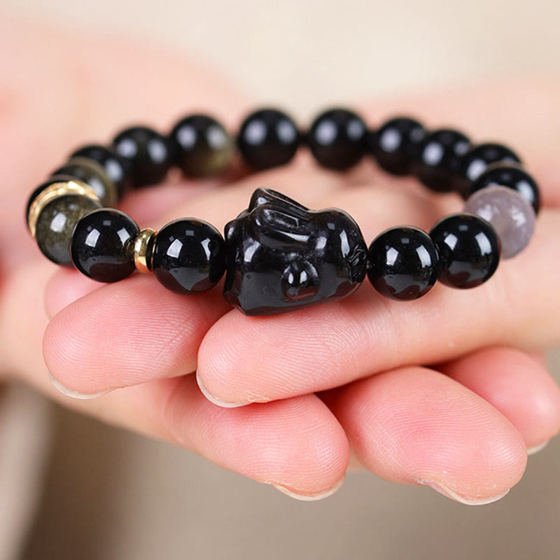 Wear FengShui Gold Sheen Obsidian Black Obsidian Silver Sheen Obsidian Cute Rabbit Protection Bracelet