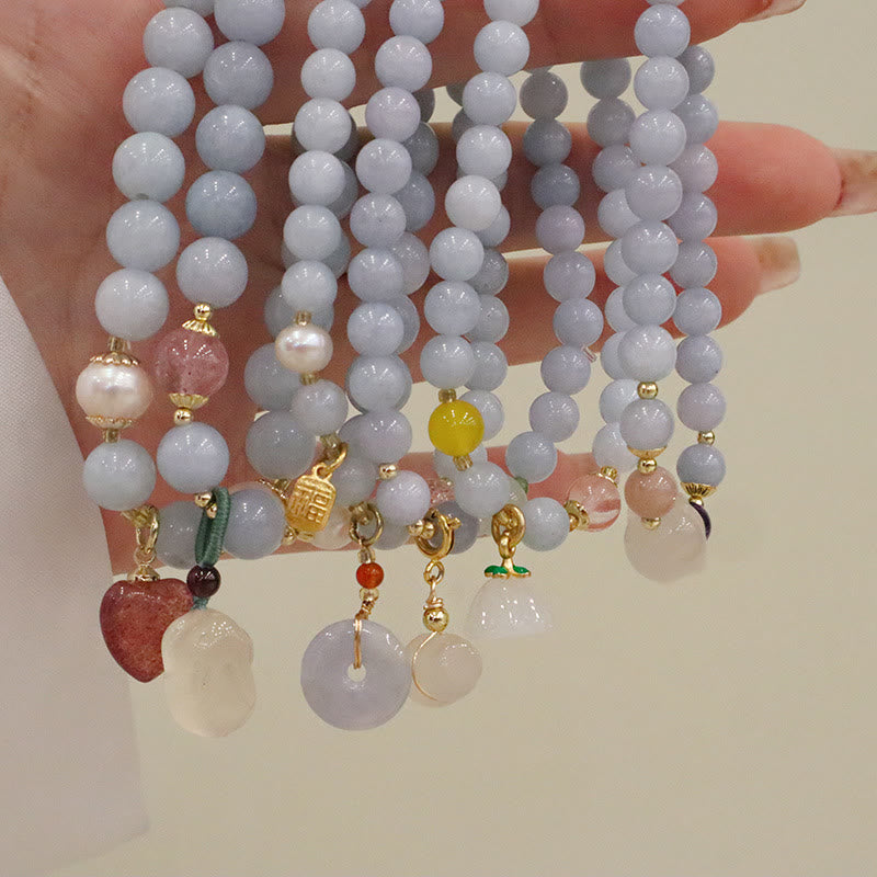 Wear FengShui Natural Aquamarine Chalcedony Serenity Rabbit Gourd Cat Charm Bracelet