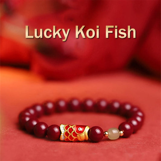 Wear FengShui Natural Cinnabar Lucky Koi Fish Hetian Jade Bead Blessing Bracelet