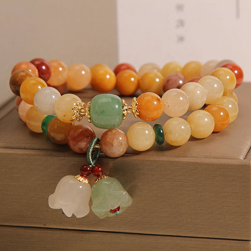 Wear FengShui Tibet Natural Golden Silk Jade Double Layer Bell Orchid Luck Bracelet