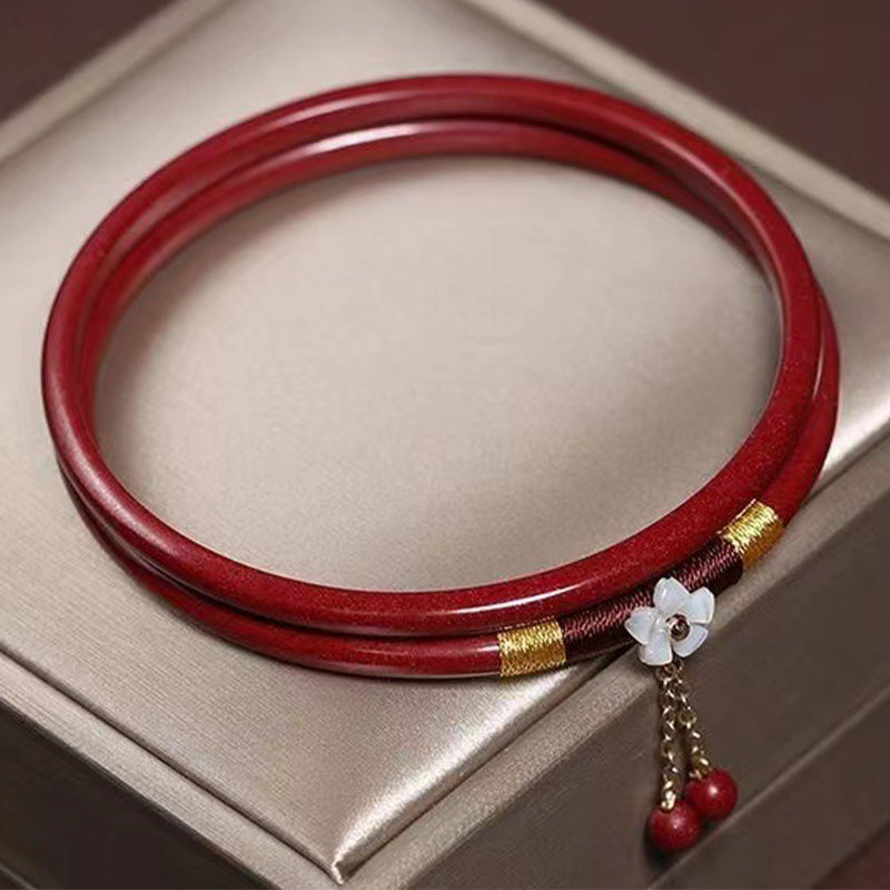 Wear FengShui 2Pcs Cinnabar Flower Blessing Bangle Charm Bracelet