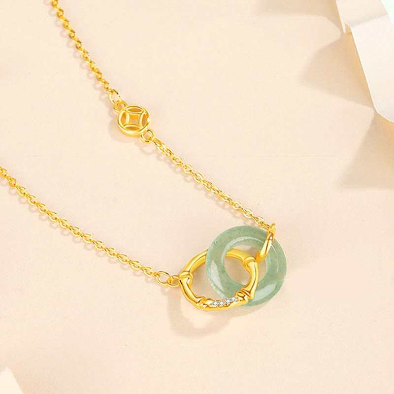 Wear FengShui 925 Sterling Silver Natural Green Aventurine Peace Buckle Bamboo Coin Prosperity Necklace Pendant