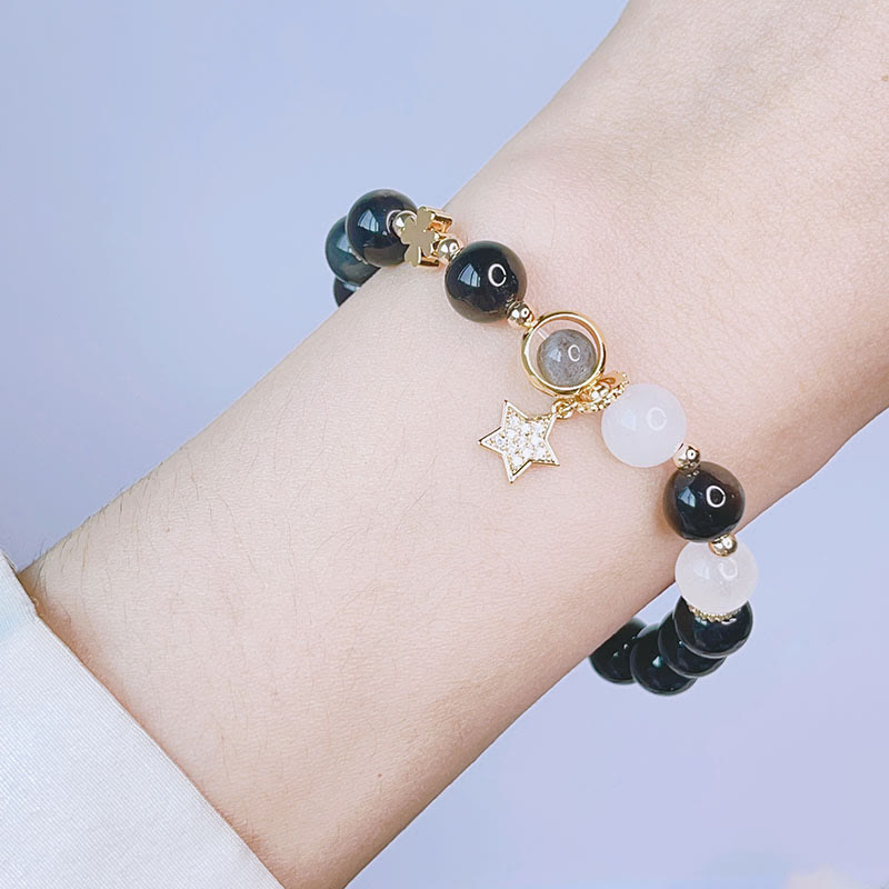 Wear FengShui Natural Silver Sheen Obsidian Love Heart Star Flower Protection Bracelet