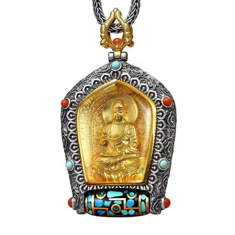 Wear FengShui Tibet Chinese Zodiac Natal Buddha Thangka Prosperity Rotatable Dzi Bead Necklace Pendant
