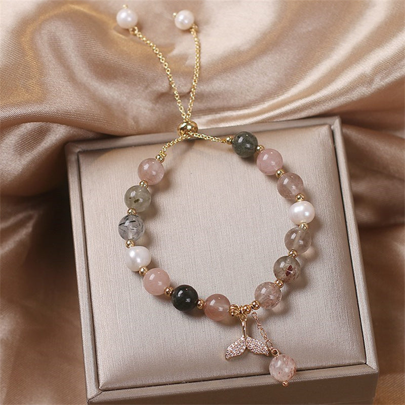 Wear FengShui Strawberry Quartz Rutilated Quartz Fishtail Charm Healing Bracelet